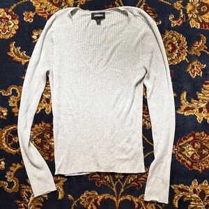 Express Women's V-Neck Ribbed Sweater - Light Gray